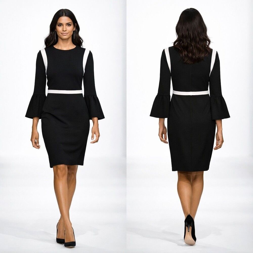 CALVIN KLEIN Black & White Piping Office Work Sheath Dress w/Bell Sleeves Size 6